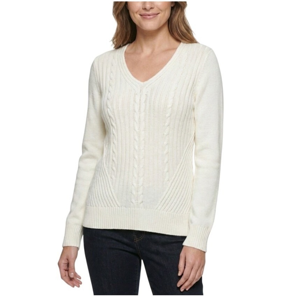 Chaps Classics Sweater Womens L Cable Knit‎ Pullover V Neck Heritage Fisherman